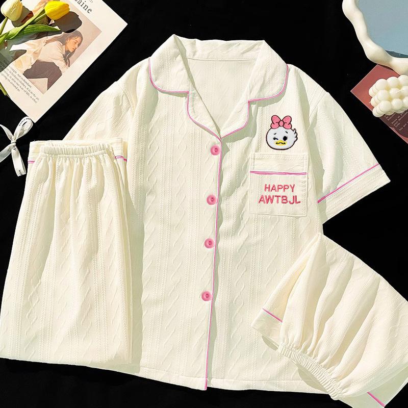 

Мультяшная пижама с Дональдом Даком, простая, высококачественная, из имитации хлопка, жаккардовая, женская, летняя, с коротким рукавом, из трех предметов, домашняя одежда 2XL [Recommended 135-75kg]