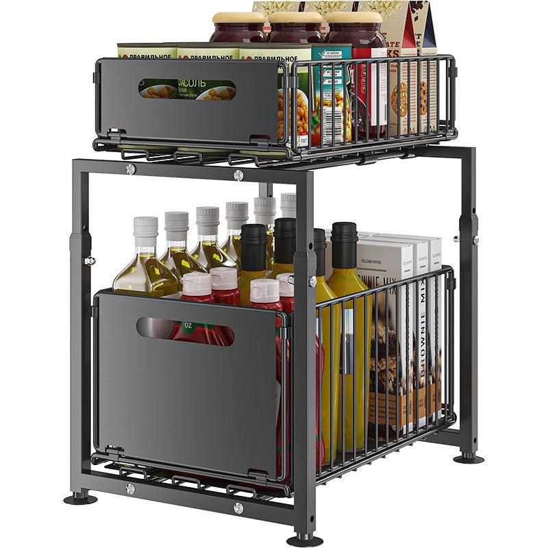 Under Sink Organizer | 2-Tier Carbon Steel Pull-Out Cabinet Storage Rack | Sliding Drawer for Kitchen & Bathroom
