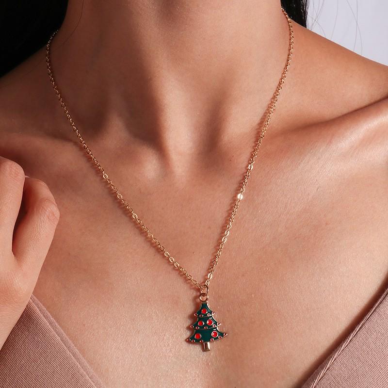 European & American Christmas Tree Necklace with Snowman Bell Pendant