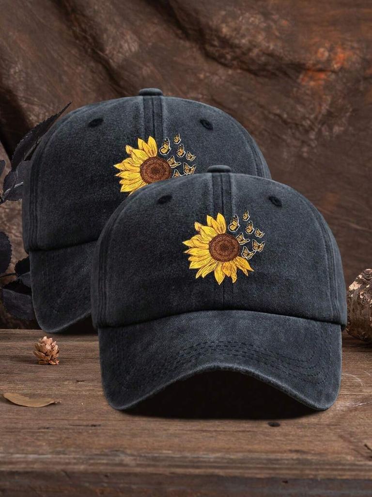 Sunflower Embroidered Denim Baseball Cap For Adults Casual Boho Style