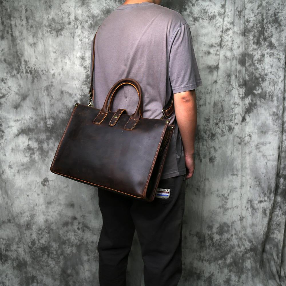 NZPJ Vintage Genuine Leather Men's Briefcase Natural Cowhide Handbag Crazy Horse Leather Computer Bag Casual Crossbody