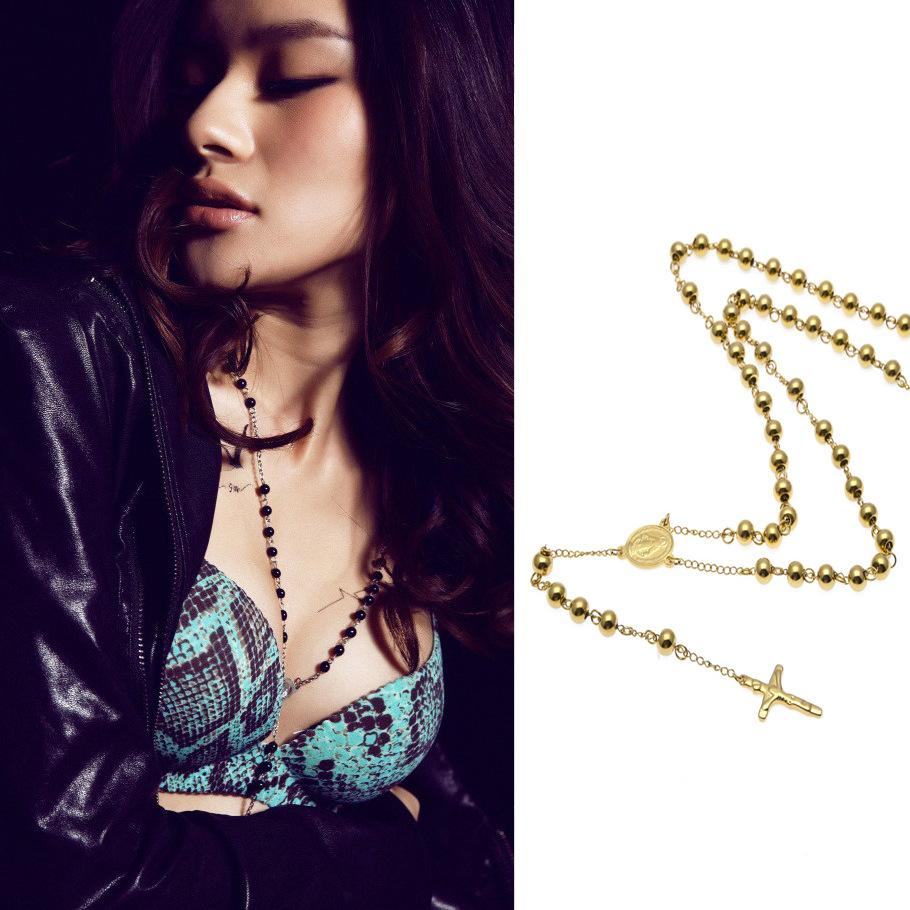 Trendy Hip Hop Necklace Gold Plated Stainless Steel Beaded Cross Necklace Hipster Street Accessories