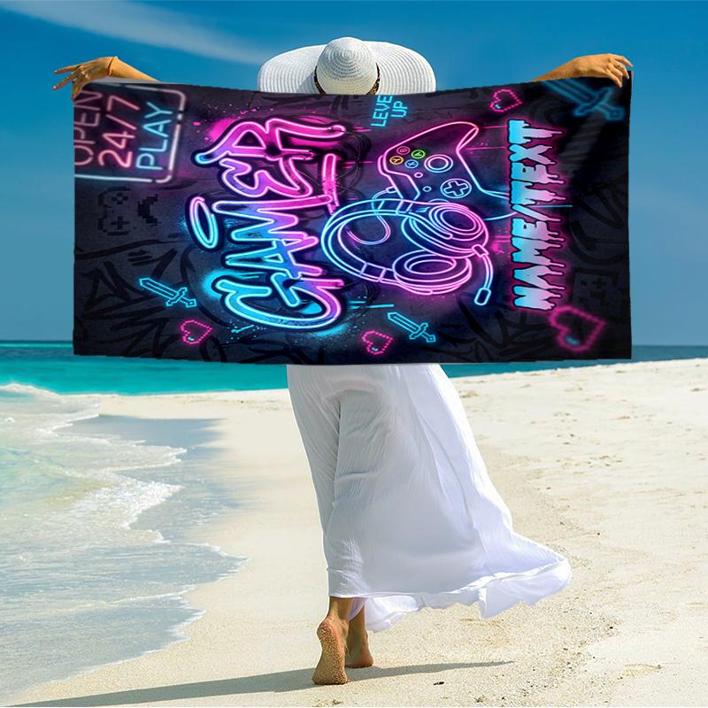 1PC Custom Name Gamer Neon Lights Beach Towel Highly Absorbent And Sand-Resistant Towel for Swimming, Pool, Yoga, And Travel Lightweight