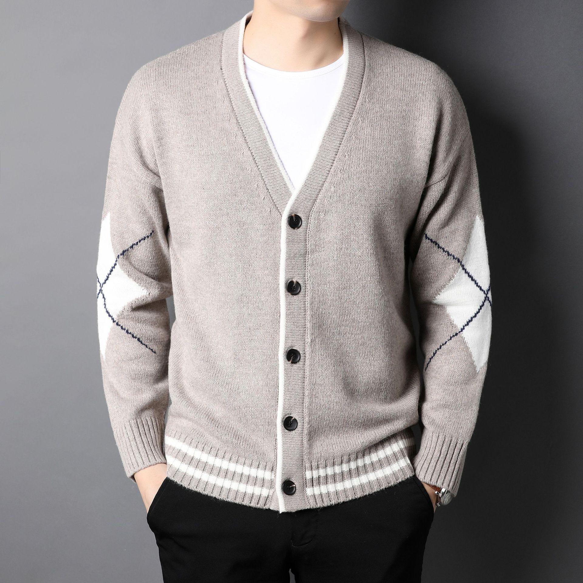 

Мужской осенний вязаный кардиган, осенняя повседневная мода, V-образный вырез, свободная жаккардовая мужская куртка 3XL верблюд