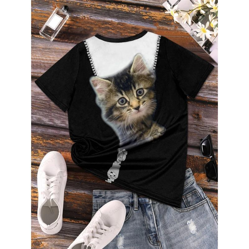 Summer Round Neck 3D Cat Print Top Fashionable Casual Short Sleeved Women's T-shirts