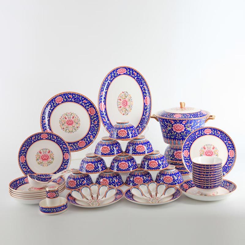 Shengshi Tangyun Peony Blue 50-Piece Bone China Dinnerware Set