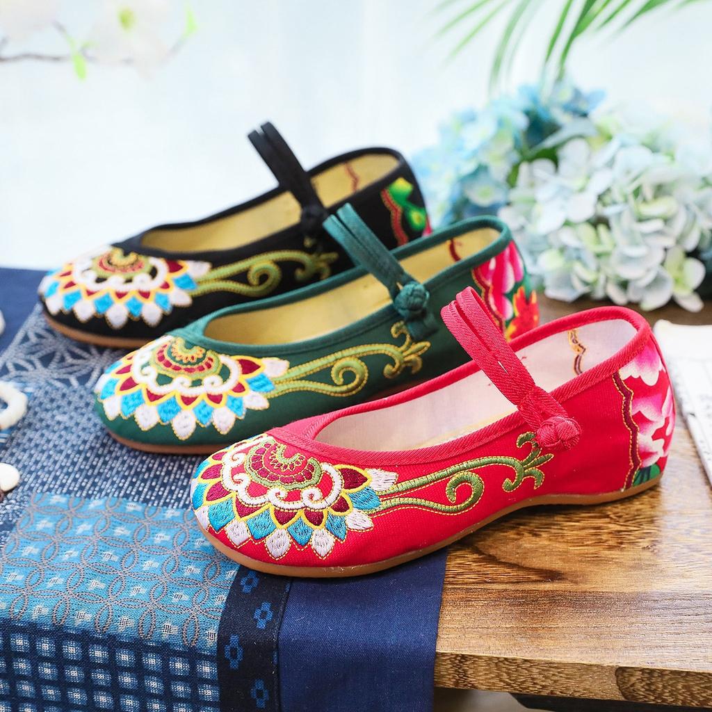 Ethnic Style, National Style Canvas Embroidered Cloth Shoes, Women's Shoes, Single Shoes One-word Buckle Low-heeled Mother Shoes