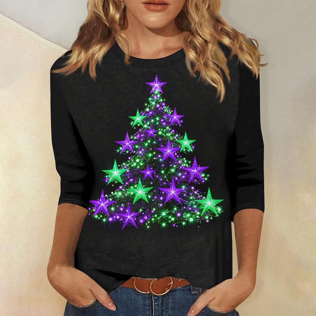 Dames Losse Comfortabele Casual Mode V-Hals Kerstprint Lange Mouw Hoodie