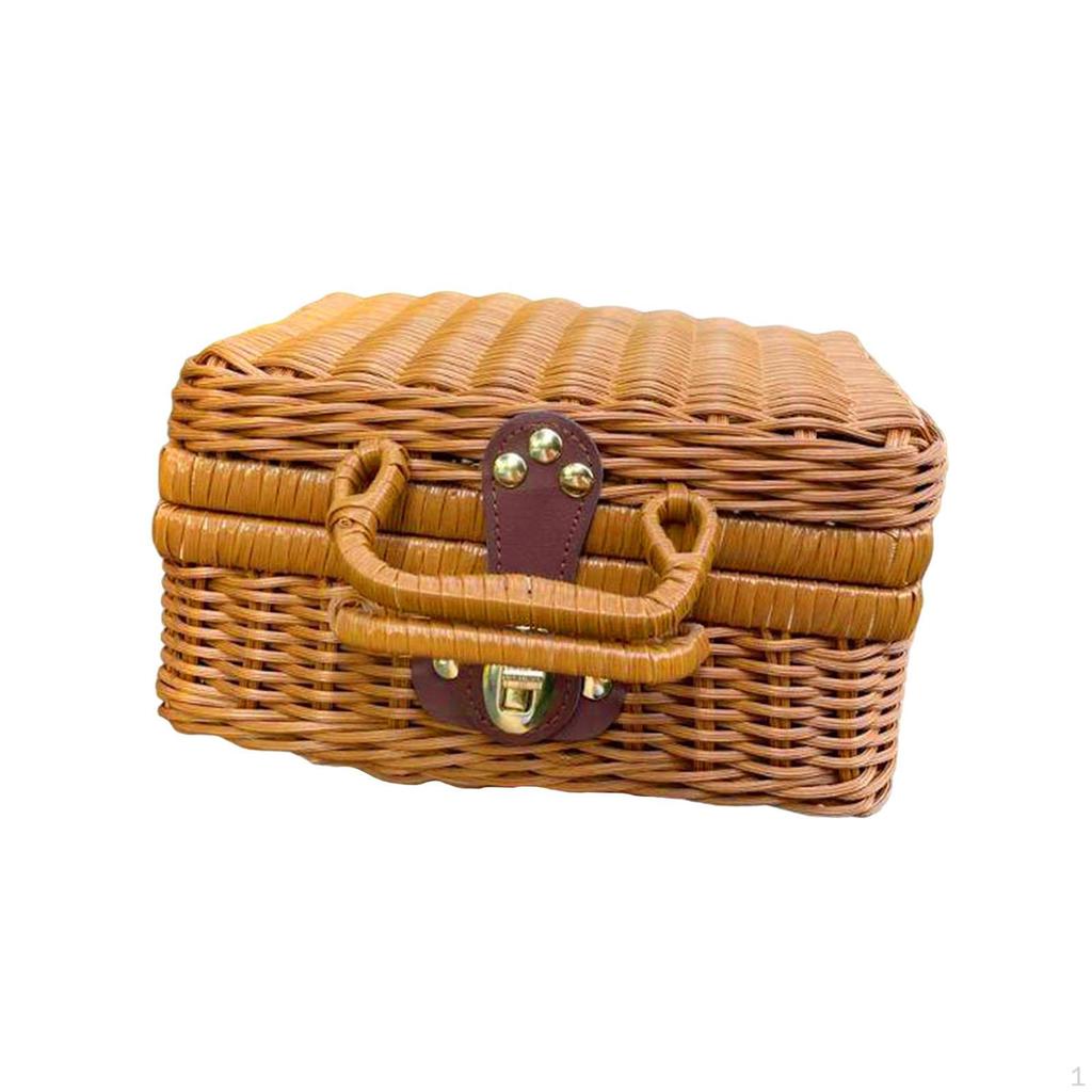 Imitation Rattan Storage Basket Handwoven Suitcase with Lid Woven Organizer Bin for Counter