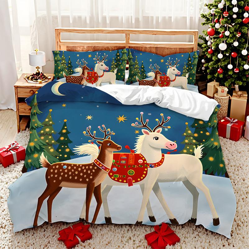 3D Digital Printed Bedding Two Or Three Piece Santa And Elk Polyester Quilt Cover