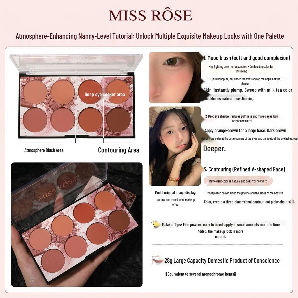 Missrose 8-Color Dry Rose Matte Blush & Contouring Palette with Eyeshadow.