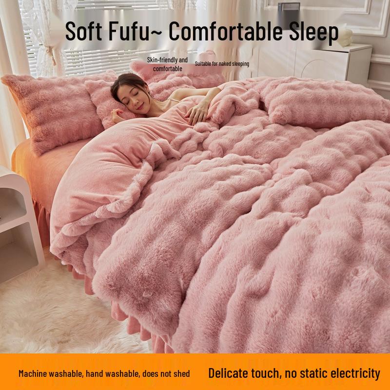 Winter Plush Bunny Fur Bedding Set: Double-Sided Milk Velvet and Coral Fleece Duvet Cover with Skirt