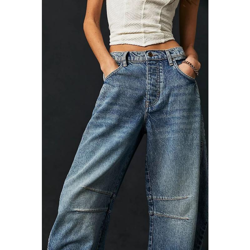 New Women's Vintage Washed Wide Leg Jeans, Mid-Low Rise Loose Fit Denim Pants, Retro Fashion Casual Trousers for Daily Wear