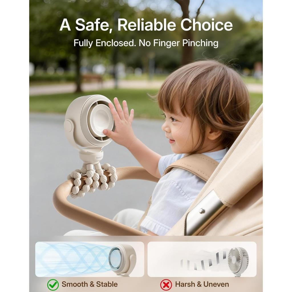 Portable Stroller Fan, Pinch-Proof Baby Fan, 10H Battery, 5-Speed Quiet Mini Clip on Fan, USB-C Rechargeable with LED Display for Car Seat, Crib