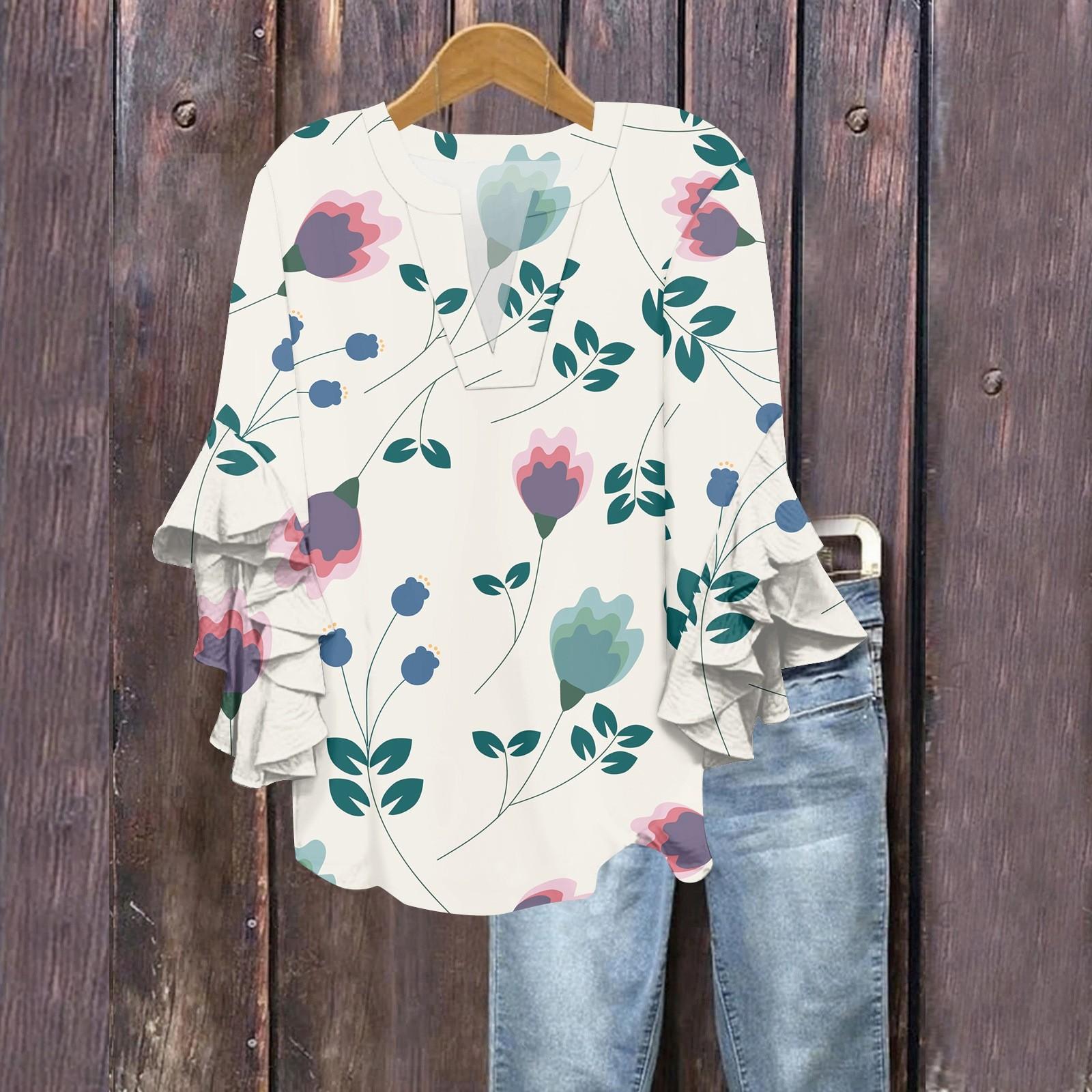 

Літні топи для жінок Милі блузки з V-подібним вирізом та рукавом 3/4 Топ з квітковим принтом Повсякденні сорочки XXL