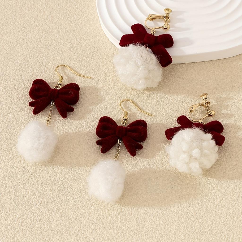 1 pair of retro red bow flocked earrings hairball tassel long pendant light luxury small fragrant style earrings