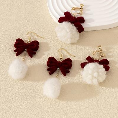 1 Paar Retro rote Schleife beflockte Ohrringe Haarbällchen Quaste Langer Anhänger Leichter Luxus Kleiner Duftiger Stil Ohrringe