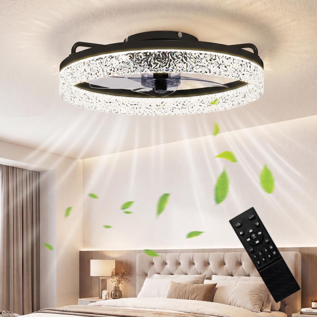 Wentylator sufitowy z oświetleniem, ściemniany wentylator sufitowy LED z pilotem do sypialni i salonu, czarny