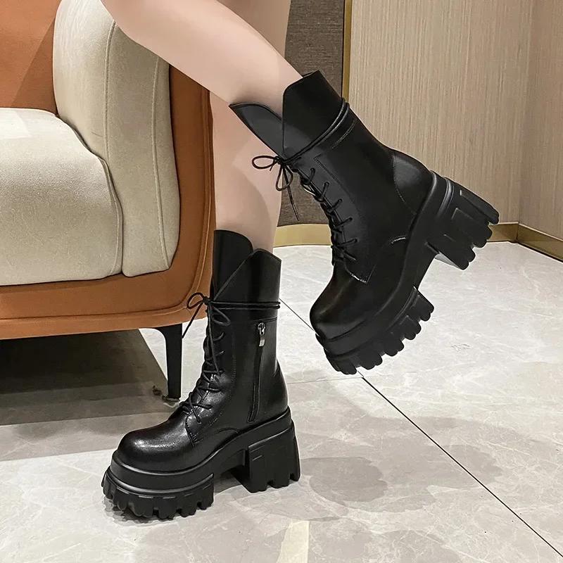 Women's Mid-Calf Boots New Fashion Lace-up Patent Leather Chunky Shoes Autumn High Heel Platform Black Motorcycle Boots