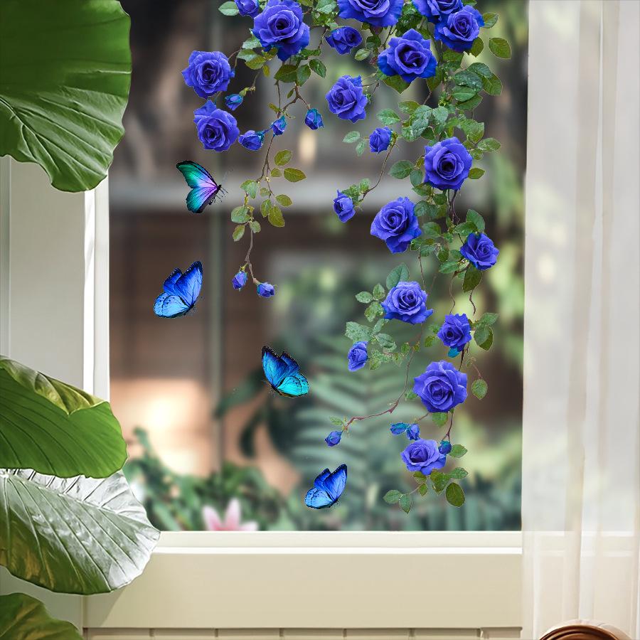 Dreamy Blue Flower Vine Strips Sticker Wall Decal, Refrigerator/Air Conditioner Glass Door Sticker
