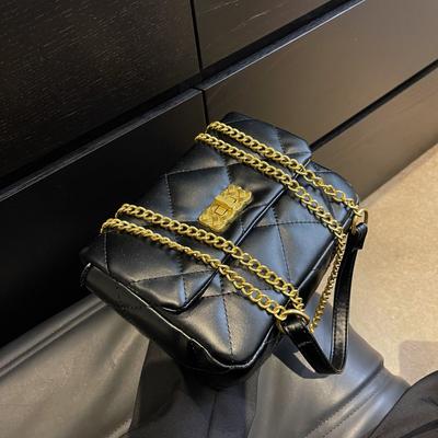 New Soft Leather Single High-end Shoulder Bag Rhombus Chain Bag Fashion Embroidery Thread Underarm Messenger Bag Bag Bag