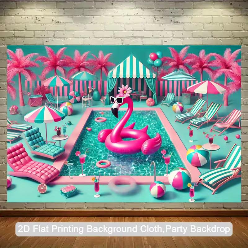 

2D Teal Pink Pool Backdrop, Flamingo & Beach Ball Photography Background 47.2x31.5inch/120*80cm