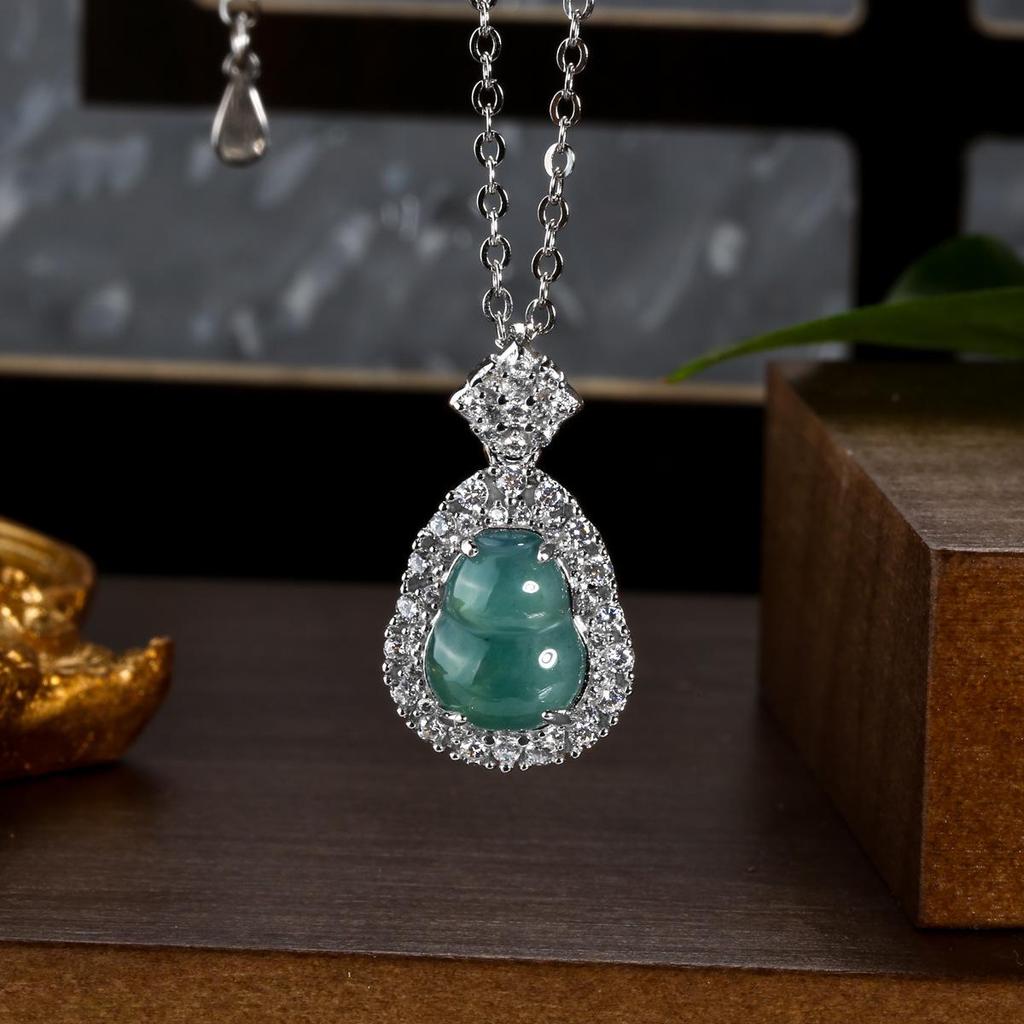 Burmese Blue Water Jade Gourd Pendant Necklace with S925 Silver - Chinese Style for Women