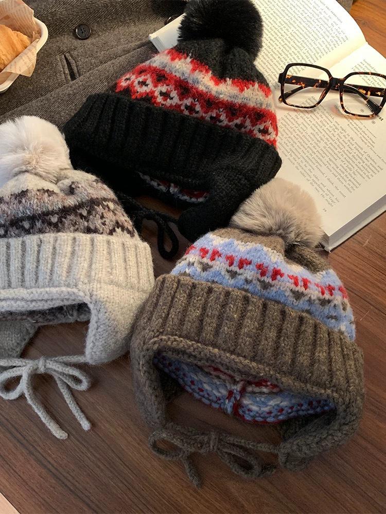 Women's Fair Isle Earflap Woolen Beanie - Thick, Warm, and Trendy for Autumn & Winter.