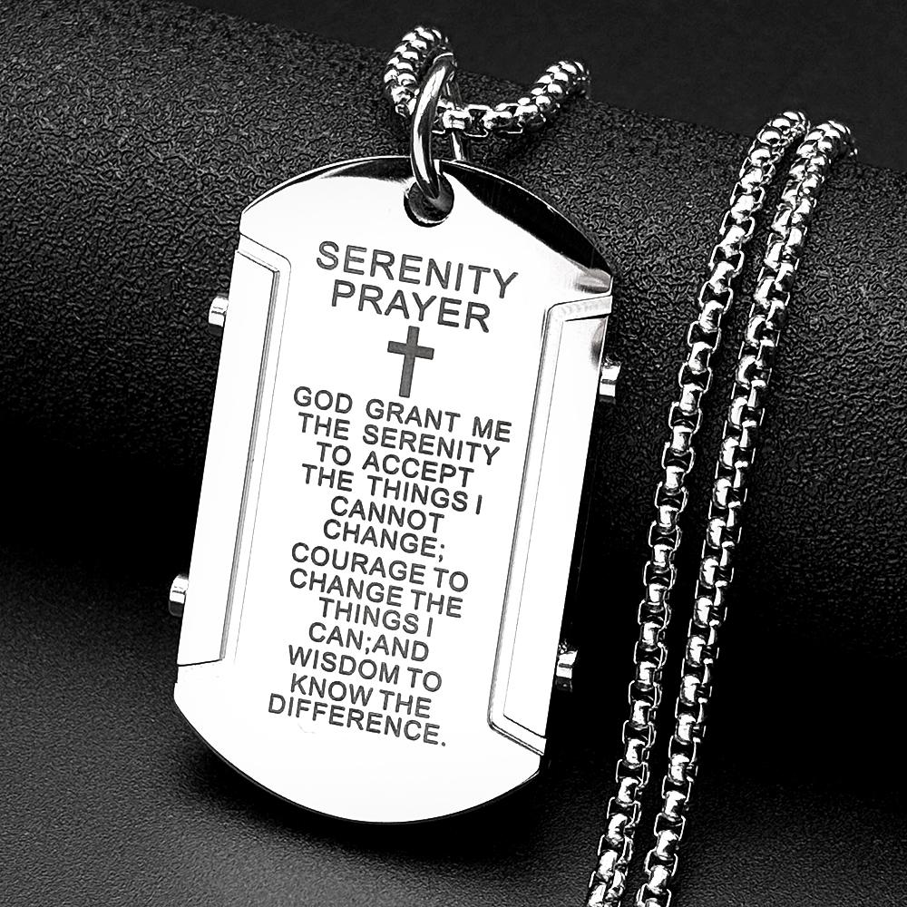 Stainless Steel Christian Two-Tone Serenity Prayer Dog Tag Cross Geometric Pendant Necklace for Men Women Hip Hop Chain Jewelry