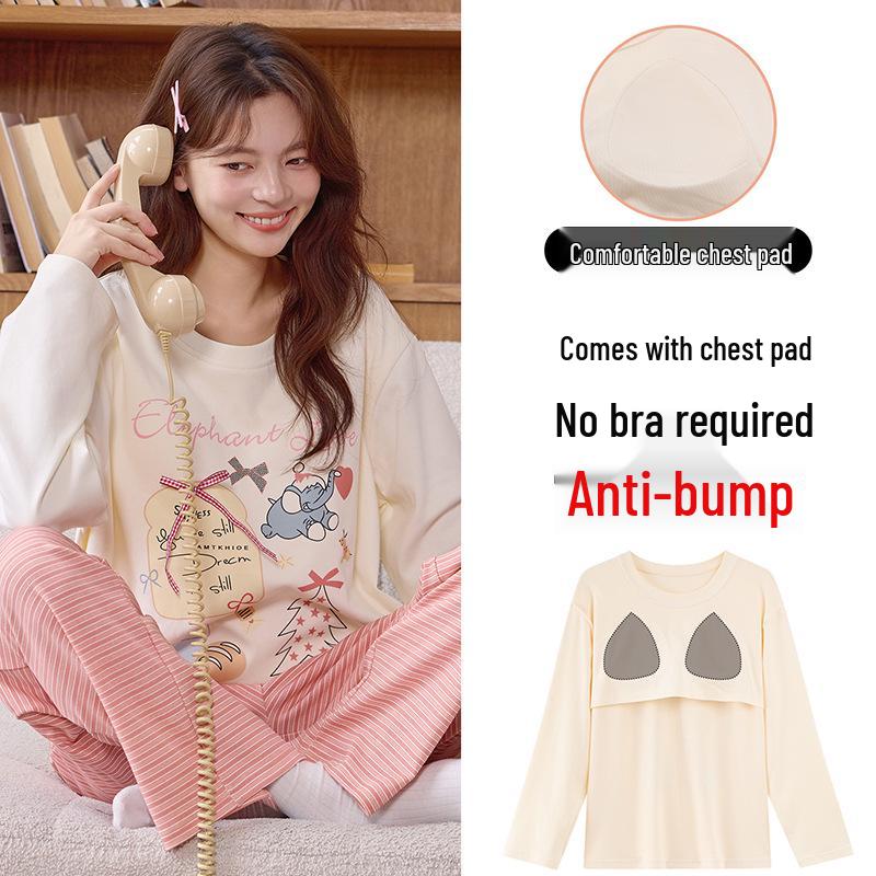 

Женская пижама с длинным рукавом и мультяшным принтом, с нагрудными вкладышами - милый комплект с круглым вырезом для дома или верхней одежды весной, осенью, зимой XXL (135-155 lbs)