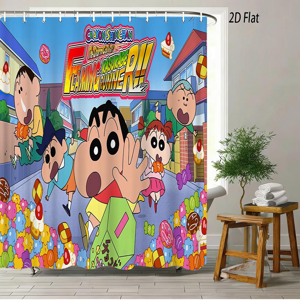 Crayon Shin-Chan Ufo & Shiro 2D Print Waterproof Shower Curtain, Green Anime Bathroom Decor With Hooks