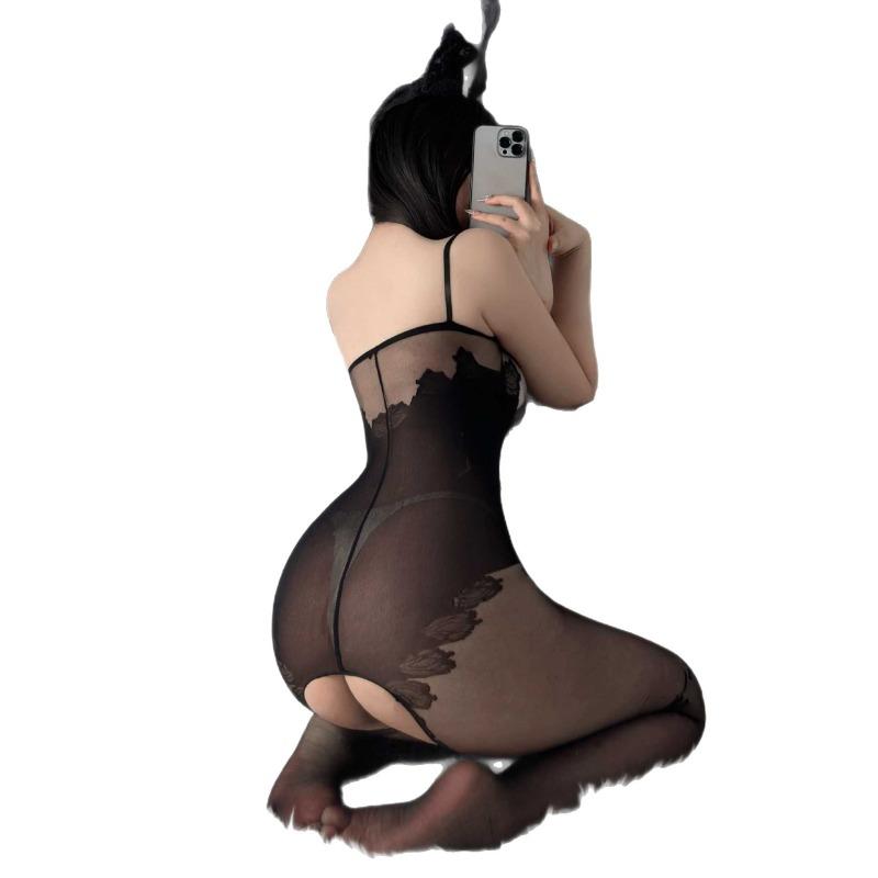 Sexy Lingerie Uniform Temptation Open Perspective Stockings One-piece Hot Milk Set Jacquard Plus Size Mesh