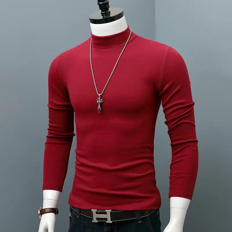 Мужская облегающая теплая футболка с длинным рукавом и полувысоким воротником для осени и зимы