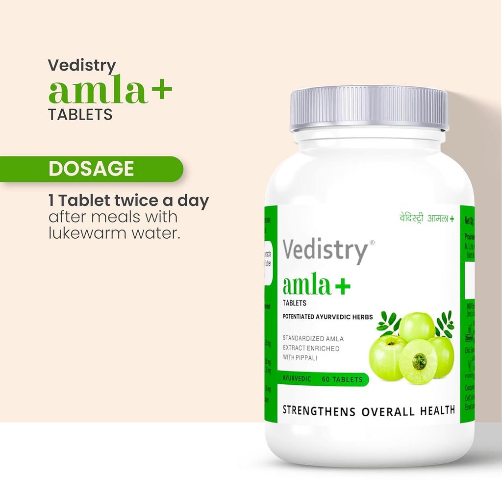 Vedistry Amla+ Tablets 60 Tablets X Pack of 3 | Immunity Energy Booster with Vitamin C for Hair Skin Anti-Ageing Wellness