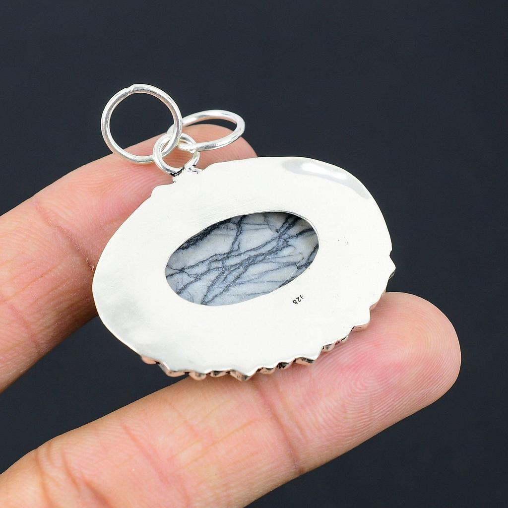 925 Sterling Silver Natural Spider Web Jasper Trendy Handcrafted Wedding Pendant