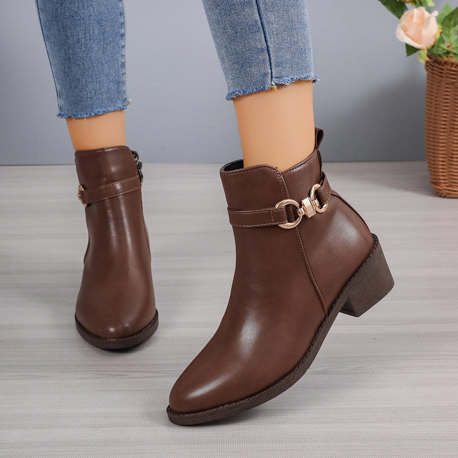 

Fashion Women Leather Square Heels Zipper Solid Short Booties Round Toe Shoes Boots Women Booties 36 коричневый