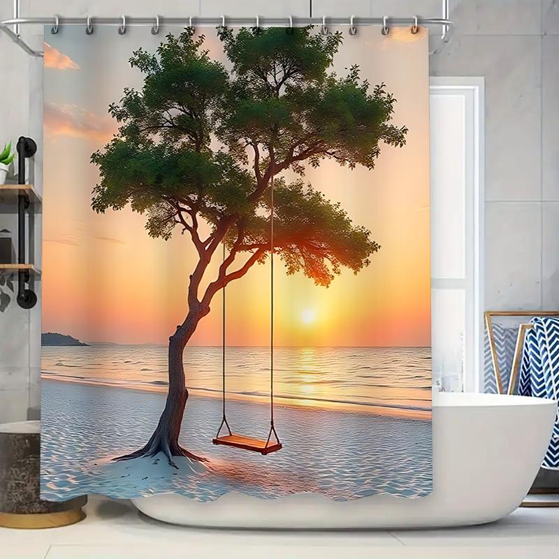 

Seaside Sunset Tree With Swing Shower Curtain - Creative Landscape Decoration - Waterproof And Mold-Resistant Durable Quality W60H190(CM)-1 Pcs