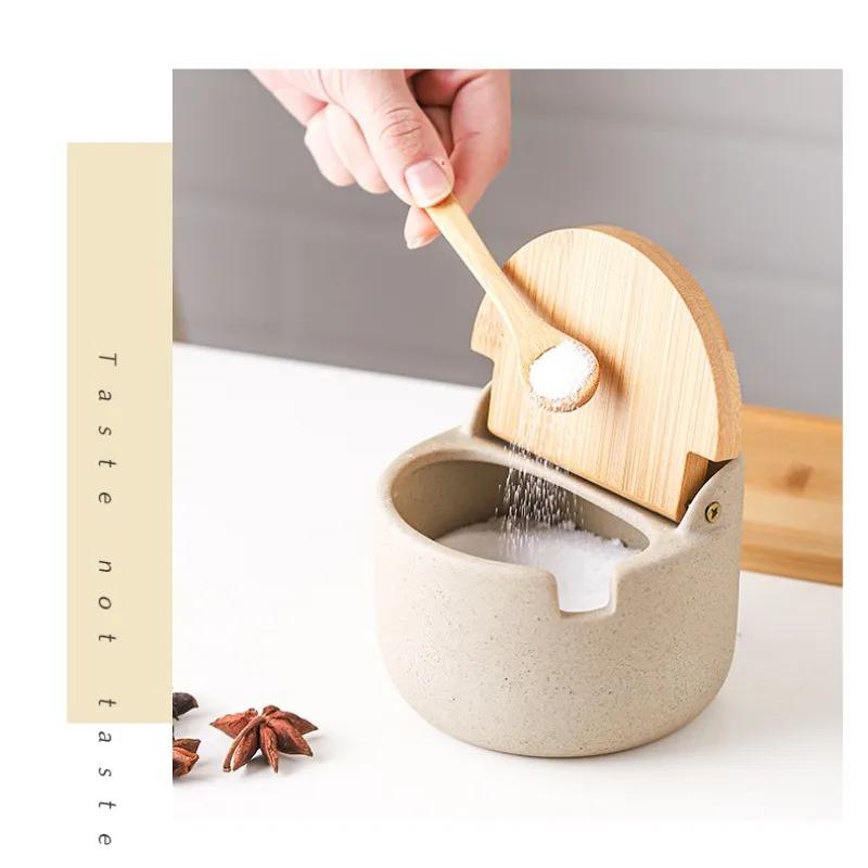 Borcan de condimente din ceramică în stil japonez Capac din bambus Borcan de condimente cu lingură Zahăr de bucătărie Sare Cutie de depozitare Condimente Container de uz casnic