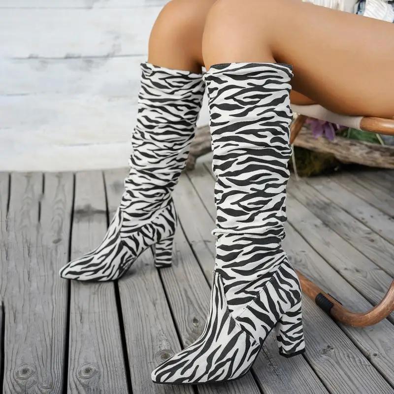 Fashion Autumn Winter 2025 Zebra-Pattern Knee High Boots Women Sexy Pointed Toe Thick High Heels Long Boots Woman Slip On Booties Shoes