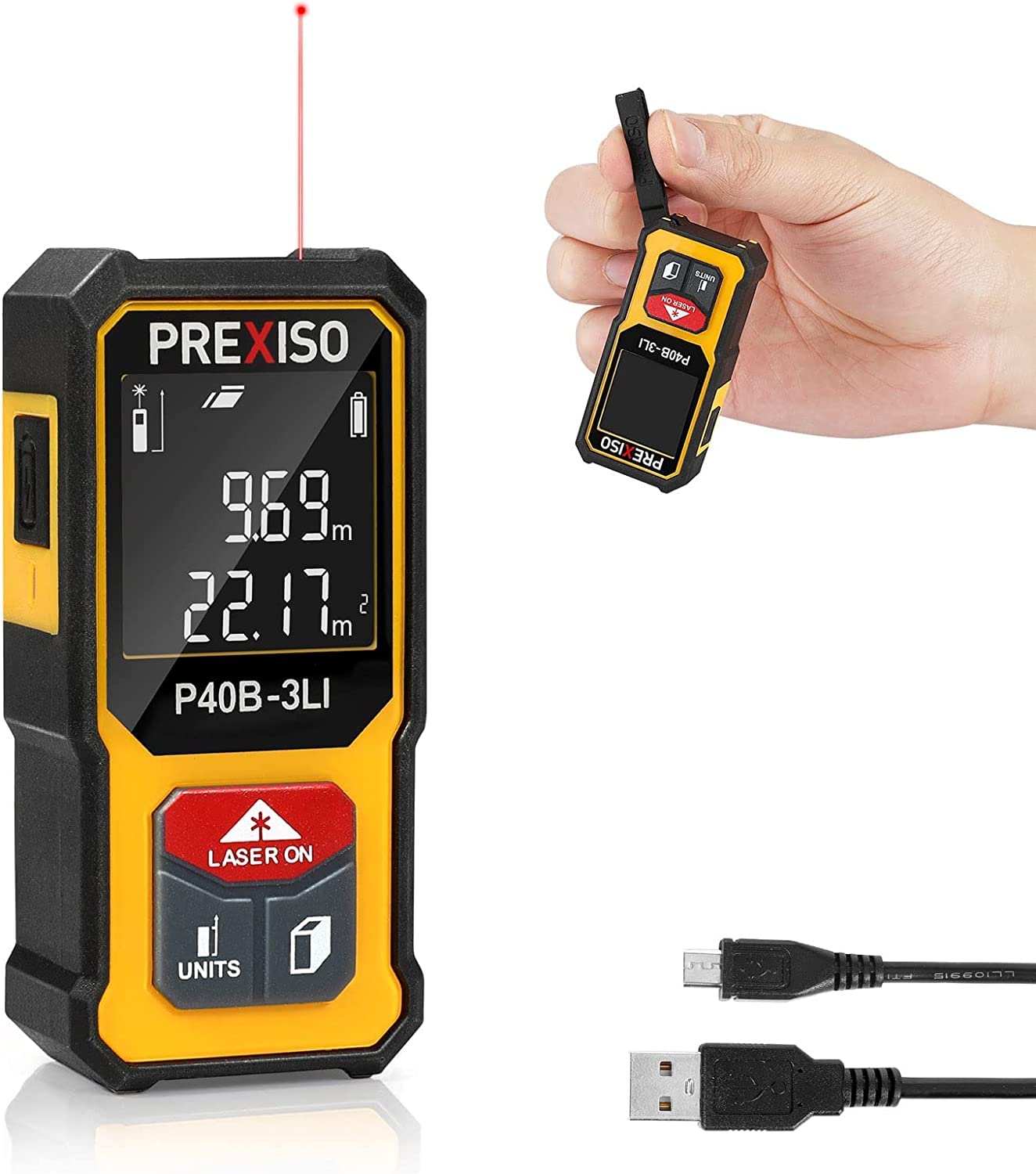 

Мини лазерный дальномер PREXISO, Электронный дальномер, 40 м, Сертифицирован PSC, Компактный, Высокая точность, Перезаряжаемый через USB, 6 режимов измерения,