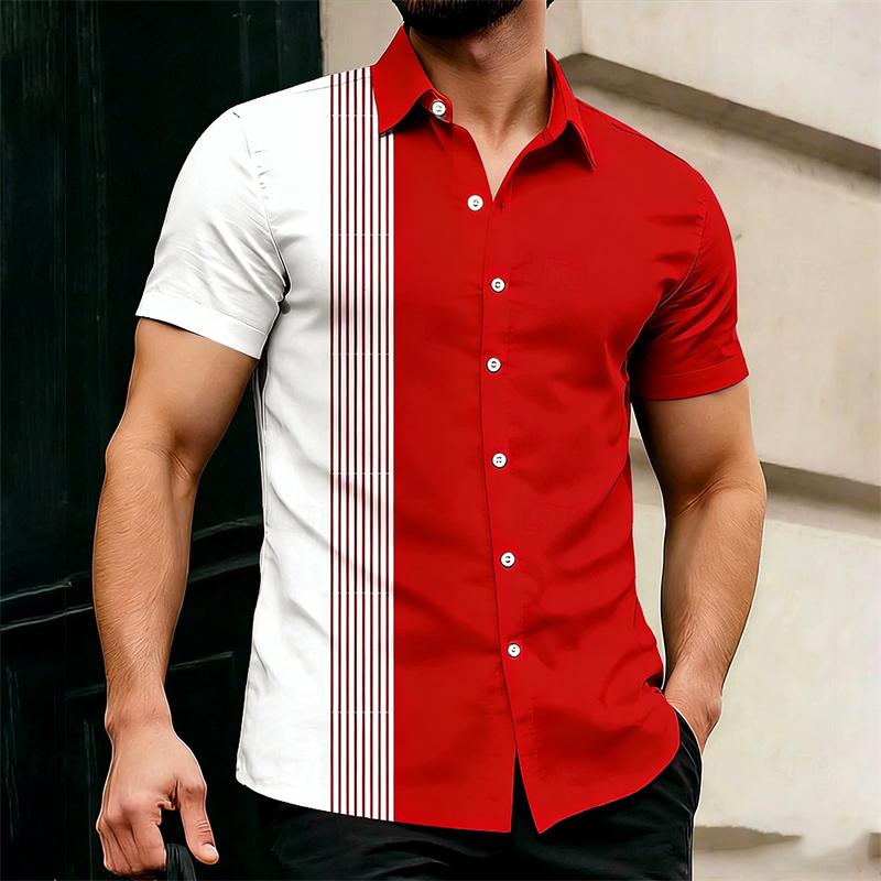 2026 Hot-Selling Summer Men's Color Block Striped Short-Sleeve Shirt, Outdoor Casual Slim Fit Collared Shirt, Hawaiian Shirt