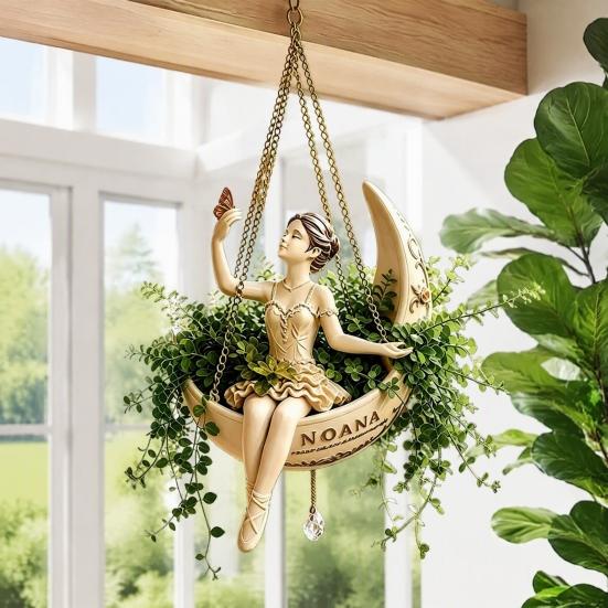 Artistic Floral Container Ballet Dancer Hanging Planter, Ballerina Sitting on Crescent Plant Pot, Decorative Cute Garden Ornament Resin Flower Pot for