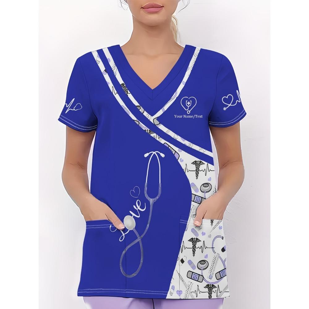 Clinical Uniform Woman Stethoscope Print V-Neck Short Sleeve Nurse Uniform Tops Fashion with Pocket Dentist Nurse Uniform Woman