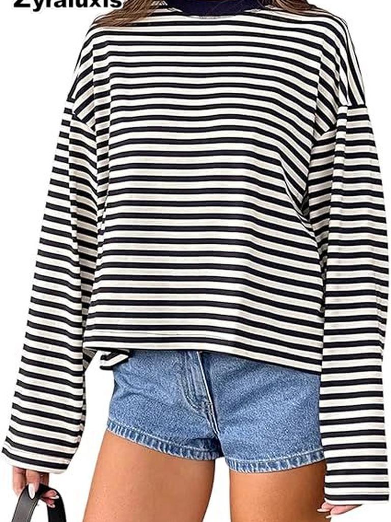 Herbst Faul Entspannte Passform Lässig Vintage Farbblock Gestreift Langarm T-Shirt Top
