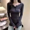 Heißes Mädchen Knopf Slim Langarm T-Shirt Unterhemd Damen Frühherbst Einfaches Innen Right Shoulder Studenten Top