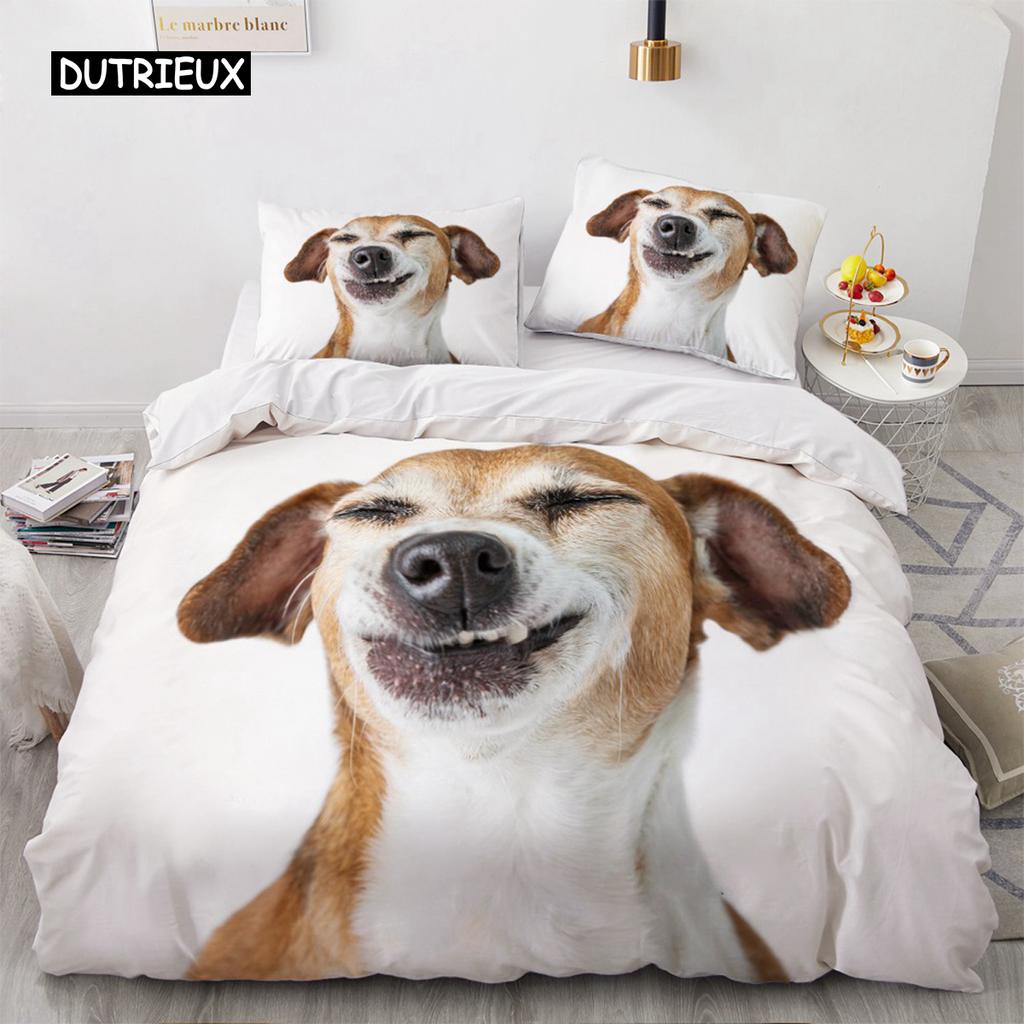 Lovely Animal 3D Bedding Sets White Duvet Quilt Cover Set Comforter Bed Linen Pillowcase King Queen 200*220cm Size Dogs Pets Dog