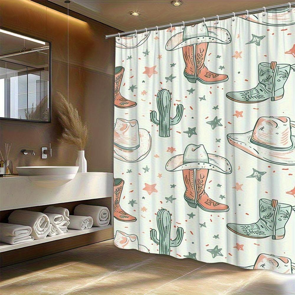 1pc Vibrant Cowboy Boots and Cactus Shower Curtain - Back to the Western Style with Adorable Details, Includes 12 Hooks