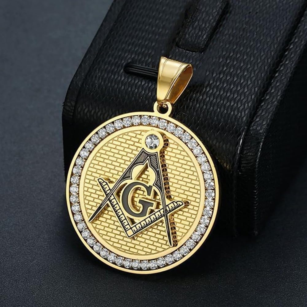 Masonic Symbol Necklace Men's Punk Rock Retro Stainless Steel Inlaid Rhinestone Masonic Round Pendant Amulet Jewelry