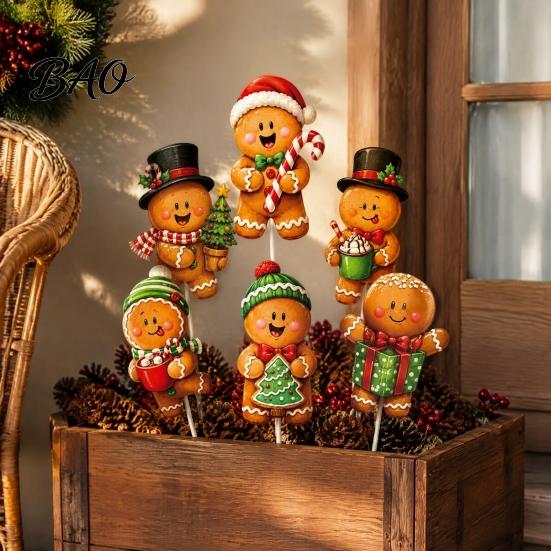 Quick Installation Tree Decor 6 Pcs Large Christmas Picks, Wooden Santa Snowman Gingerbread Ornaments, Xmas Outdoor Yard Signs Topper Decoration