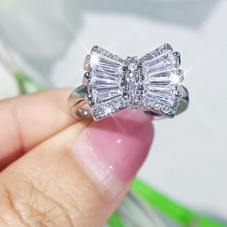 Korean Version Simple Bow Necklace Earrings Three Piece Set Platinum Plated Set with Zirconium Womens Fashion Accessories